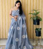 Grey woven linen tassel saree with blouse piece