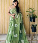 Green woven linen tassel saree with blouse piece