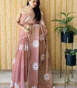 Beige woven linen tassel saree with blouse piece
