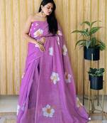 Purple woven linen tassel saree with blouse piece