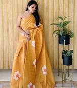 Yellow woven linen tassel saree with blouse piece