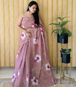 Mauve woven linen tassel saree with blouse piece