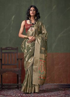 Weaving zari tissue silk blend saree in dark green 1