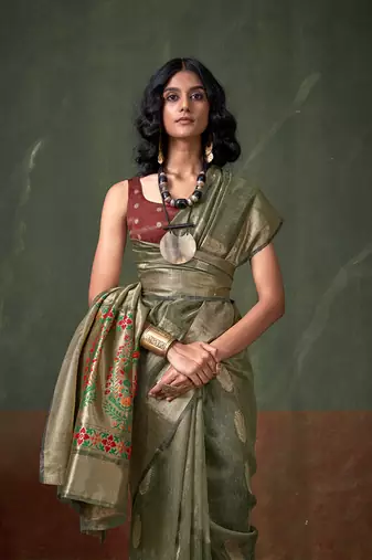 Weaving zari tissue silk blend saree in dark green