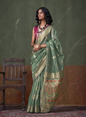 Weaving zari tissue silk blend saree in sea green 1