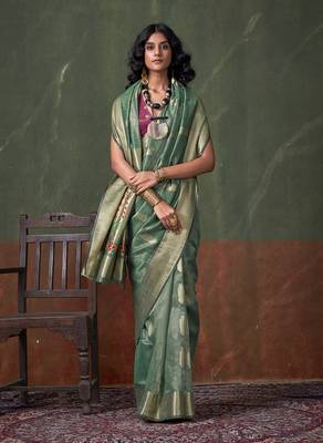 Weaving zari tissue silk blend saree in sea green 2