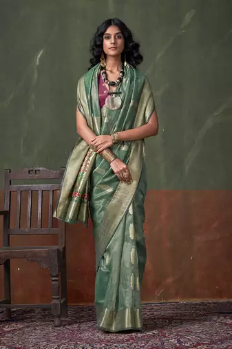 Weaving zari tissue silk blend saree in sea green