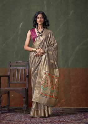 Weaving zari tissue silk blend saree in grey 1