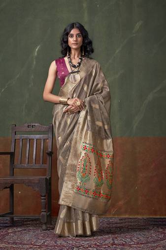 Weaving zari tissue silk Blend designer saree in grey