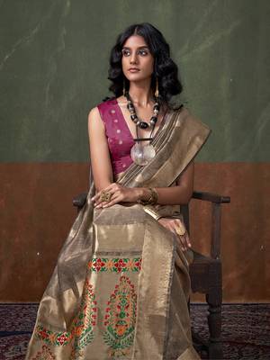 Weaving zari tissue silk blend saree in grey 2