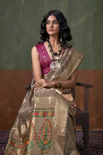 Weaving zari tissue silk blend saree in grey