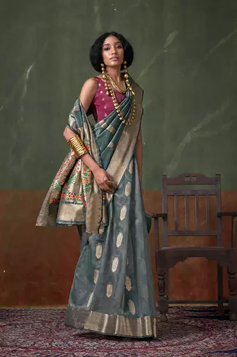 Weaving zari tissue silk blend saree in blue