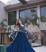 Teal georgette sequins embroidered falred gown with pant and heavy dupatta