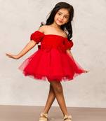 Sophisticated red velvet off shoulder puffy sleeves dress