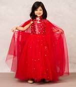 Elegant red gown with sequence chest detailing, full crystal work & sequence collar net shrug