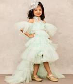 Aqua blue high-low net gown with butterfly embellishments