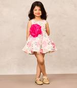 Floral printed cotton dress with big pink taffeta flower