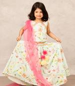 Exquisite top & lehenga set with floral print net dupatta and golden work adorned withtassels