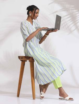 white cotton multi stripe flared kurta set 2