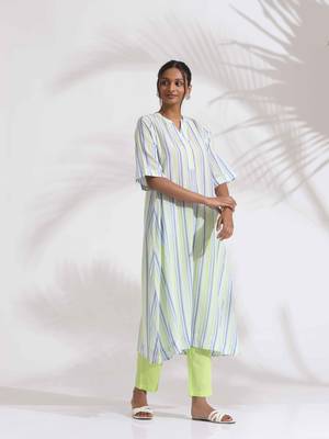 white cotton multi stripe flared kurta set 4