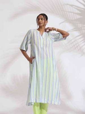 white cotton multi stripe flared kurta set 7