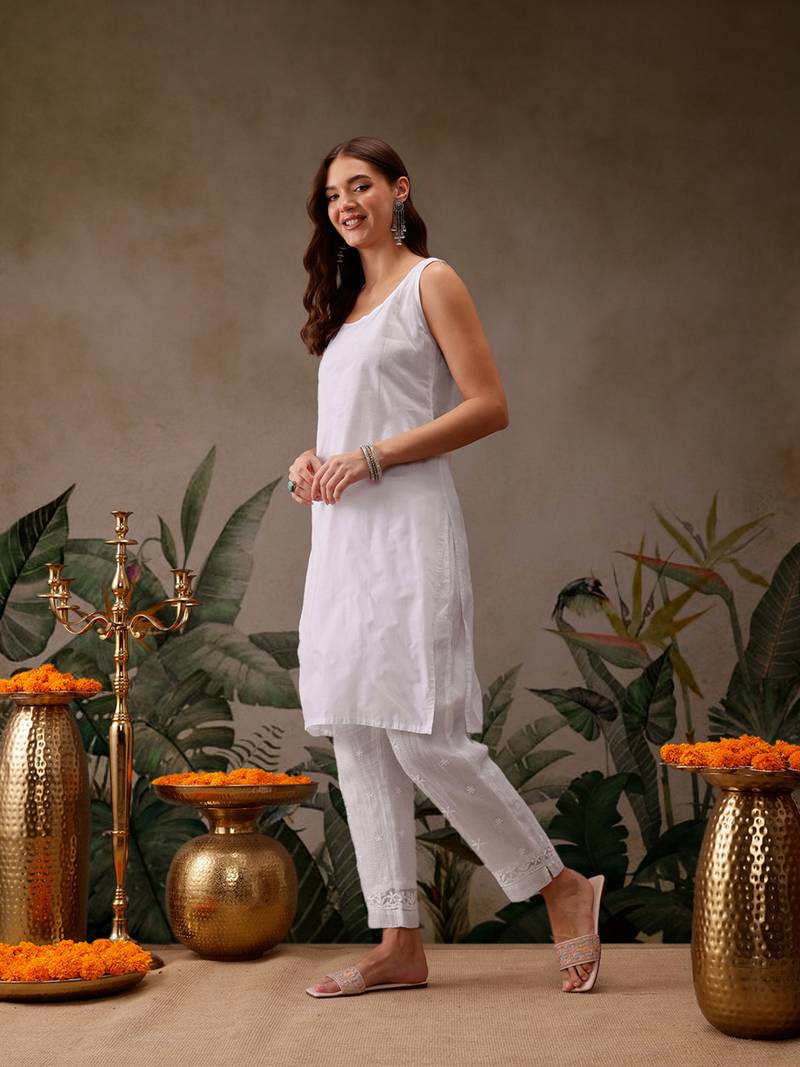 Hand Embroidered White Kota Lucknowi Chikankari Kurta With Slip