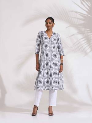 white cotton geometric print angrakha kurta set 3