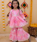 pink flower printed sharara set