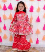 red flower printed sharara set