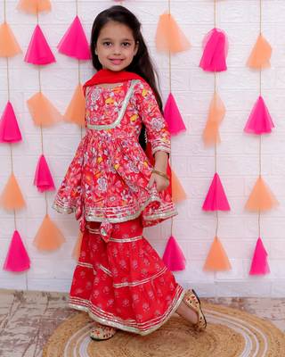 red flower printed sharara set 3
