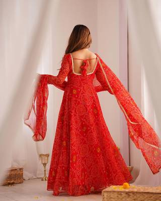Red chiffon anarkali with bottom & dupatta 2