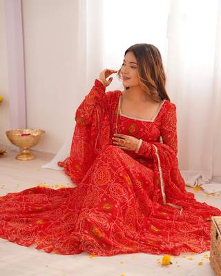 Red chiffon anarkali with bottom & dupatta 3