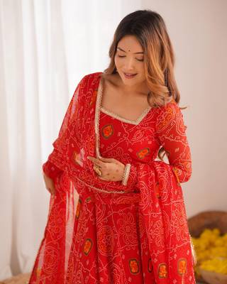 Red chiffon anarkali with bottom & dupatta 4