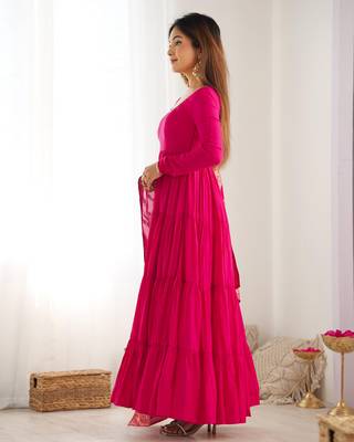 Hot-pink chanderi anarkali with pant and duppata 2