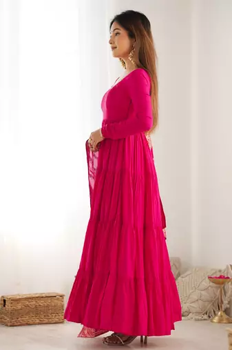Hot-pink chanderi anarkali with pant and duppata