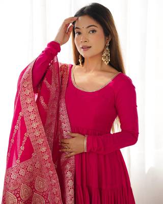 Hot-pink chanderi anarkali with pant and duppata 4