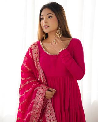Hot-pink chanderi anarkali with pant and duppata 5
