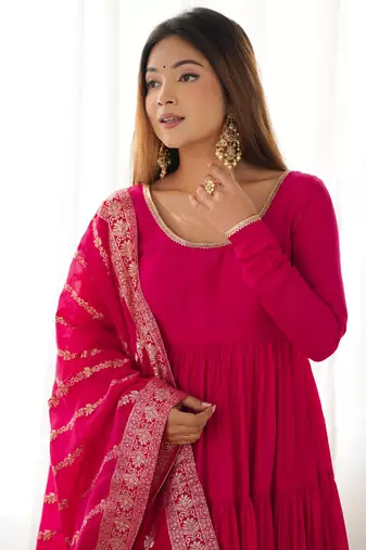 Hot-pink chanderi anarkali with pant and duppata