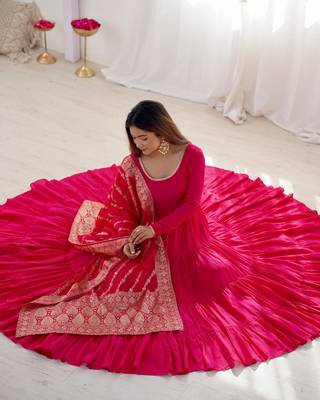 Hot-pink chanderi anarkali with pant and duppata 1