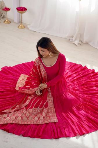 Hot-pink chanderi anarkali with pant and duppata