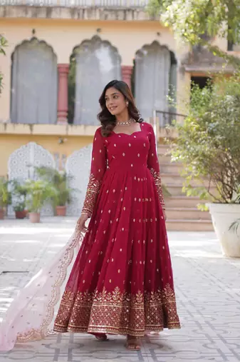 Dark-magenta faux blooming  anarkali with dupatta