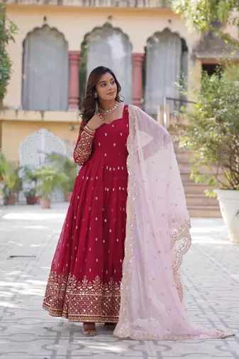 Dark-magenta faux blooming  anarkali with dupatta