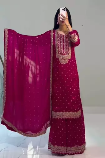 Pink chinon sequin work salwar kameez & dupatta set