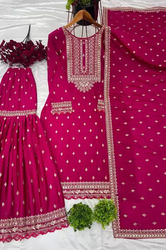 Pink chinon sequin work salwar kameez & dupatta set
