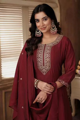 Maroon silk blend salwar kameez & dupatta set