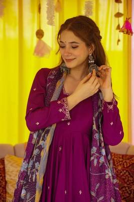 Purple chinon anarkali with bottom & dupatta 2