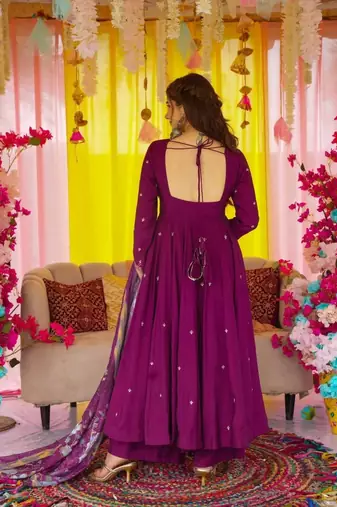 Purple chinon anarkali with bottom & dupatta