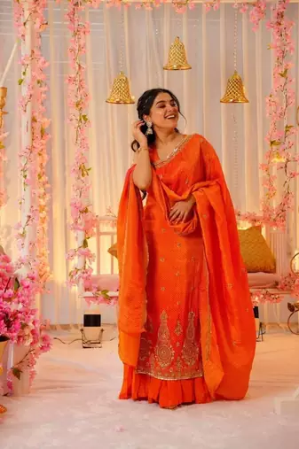 Orange Chinon Embroidered Salwar Set