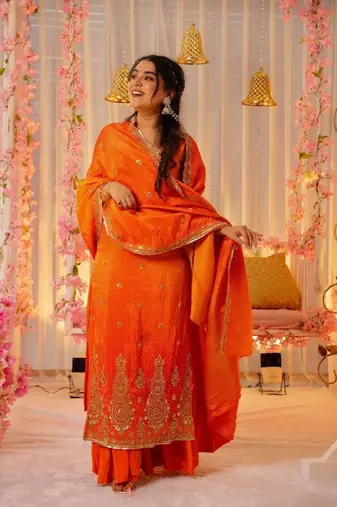 Orange Chinon Embroidered Salwar Set