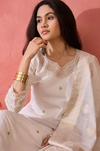 White roman silk  kurta with bottom & dupatta